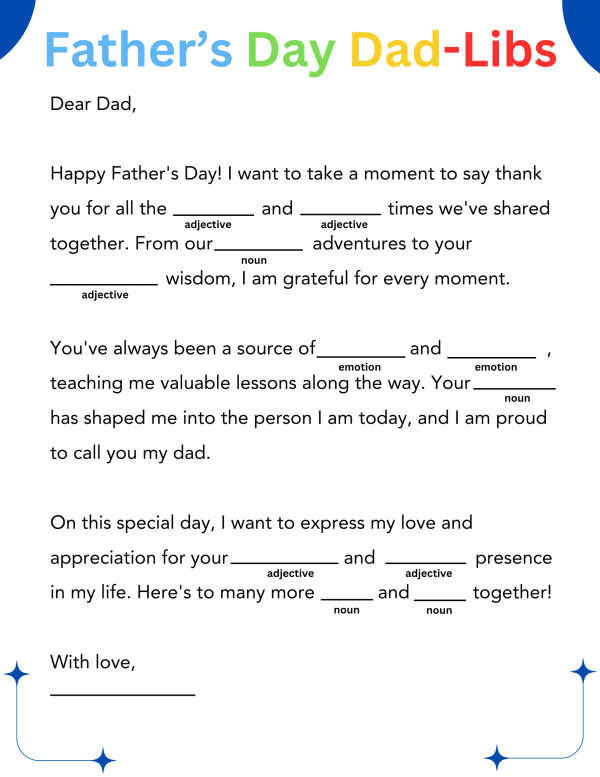 Father's Day Mad Libs for Kids, father's day activity for kids, mad libs activity, father's day gift