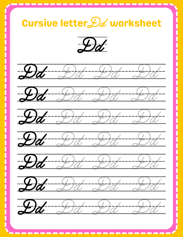 Enhance handwriting skills with our Letter D cursive writing worksheets, featuring tracing and practice exercises for children