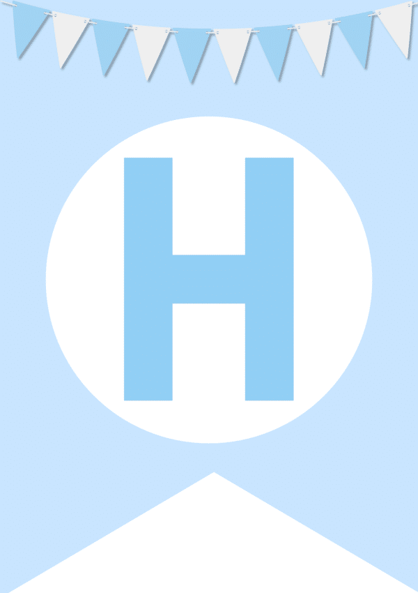 A blue banner with a large blue letter "H" in a white circle