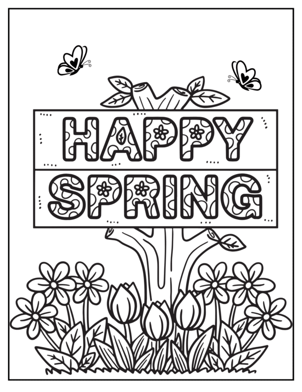 "Happy Spring" coloring page with flowers, butterflies, and a tree