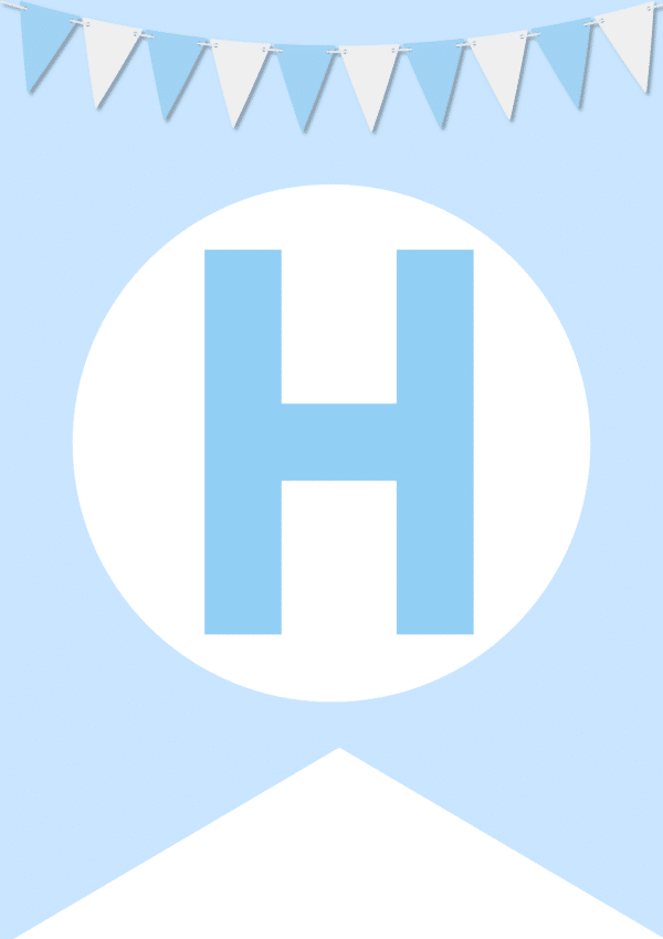 A blue banner with a large blue letter "H" in a white circle