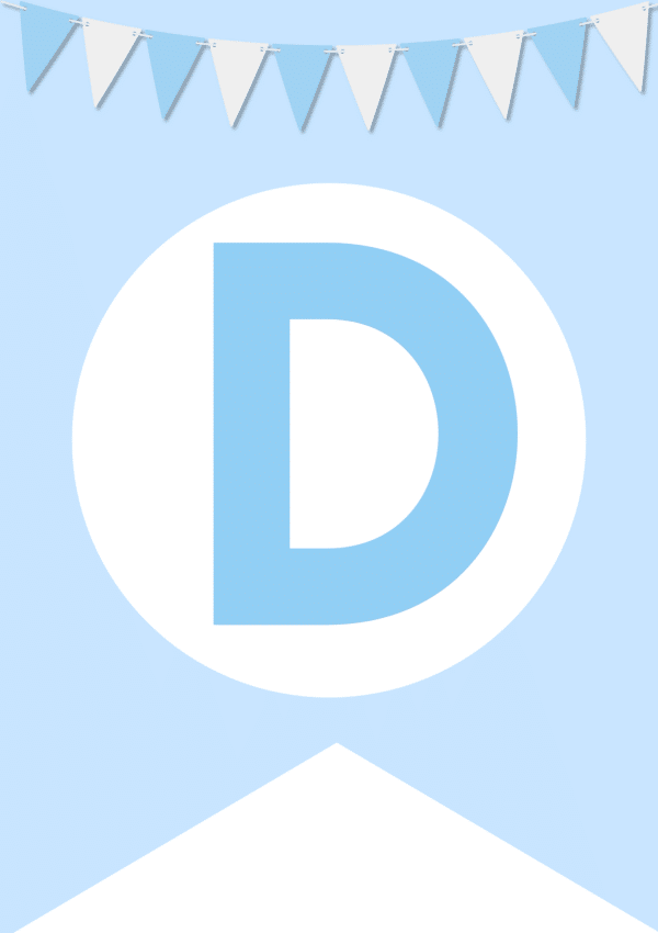 A blue banner with a large blue letter "D" in a white circle