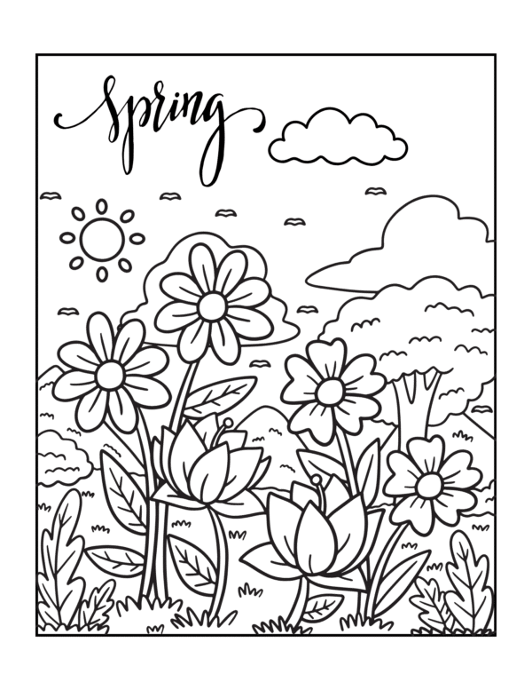 A spring-themed coloring page featuring flowers and plants under a sunny sky with clouds. The word "Spring" is written at the top.
