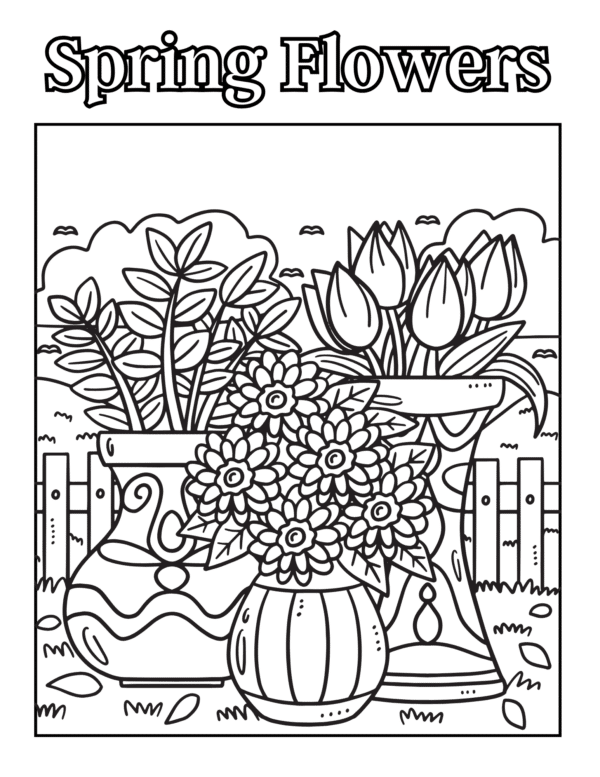 A coloring page titled "Spring Flowers" showing potted flowers, including tulips, daisies, and other foliage, with a picket fence in the background.