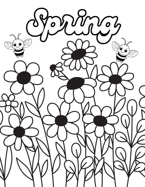 A coloring page with the word "Spring" above a bunch of blooming flowers, and two cute bees flying nearby.