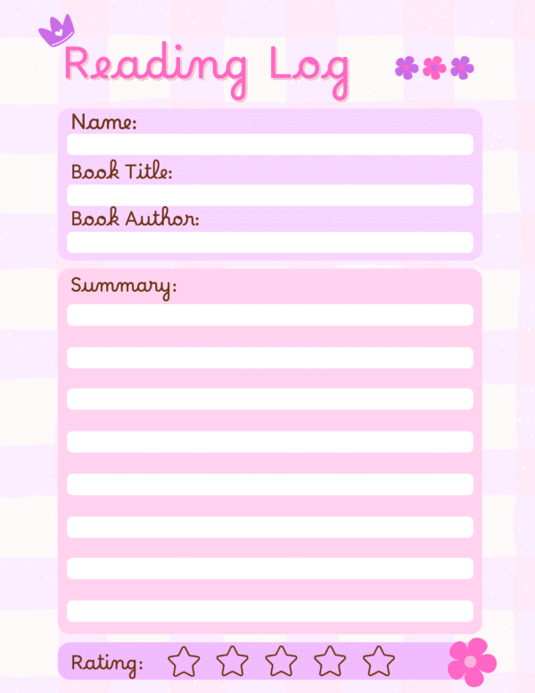 a reading log page in pink with spaces for name, book title, author, summary, star rating, and floral decoration