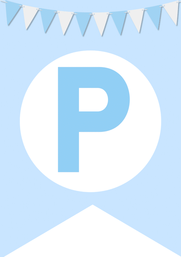 A blue banner with a large blue letter "P" in a white circle