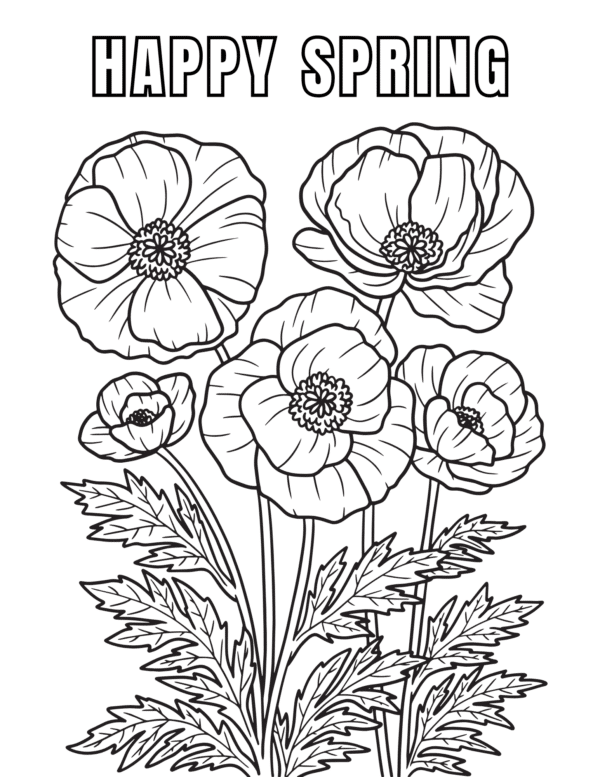 Happy Spring" coloring page with poppies and leaves
