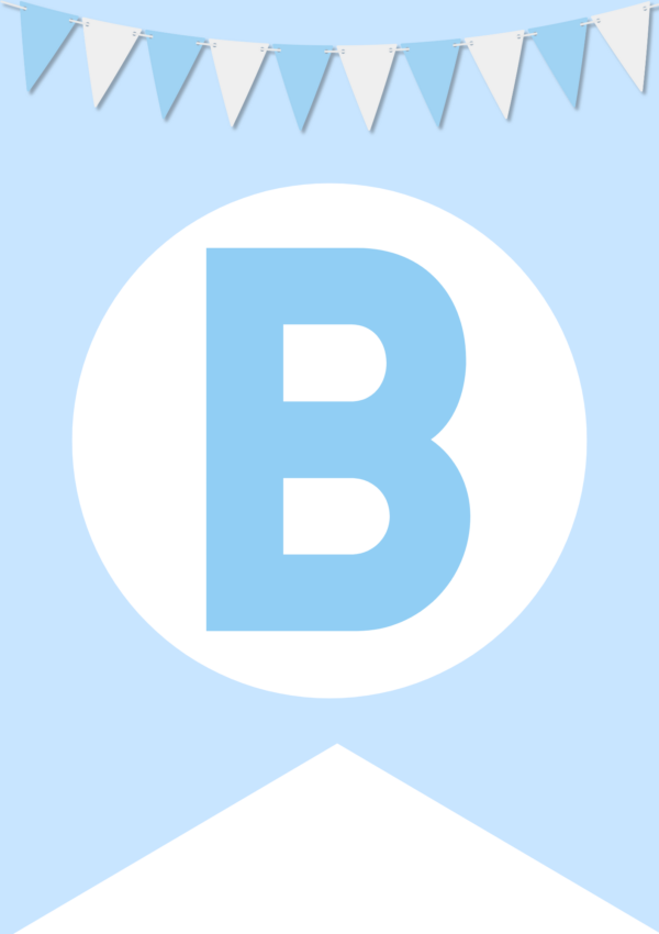 A blue banner with a large blue letter "B" in a white circle