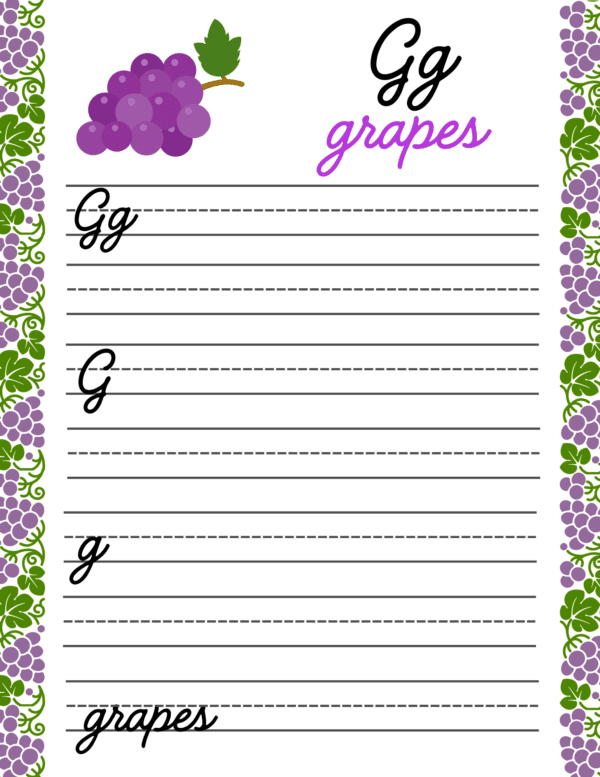 Free cursive letter G worksheets, complete with tracing and practice sections to support children's handwriting development