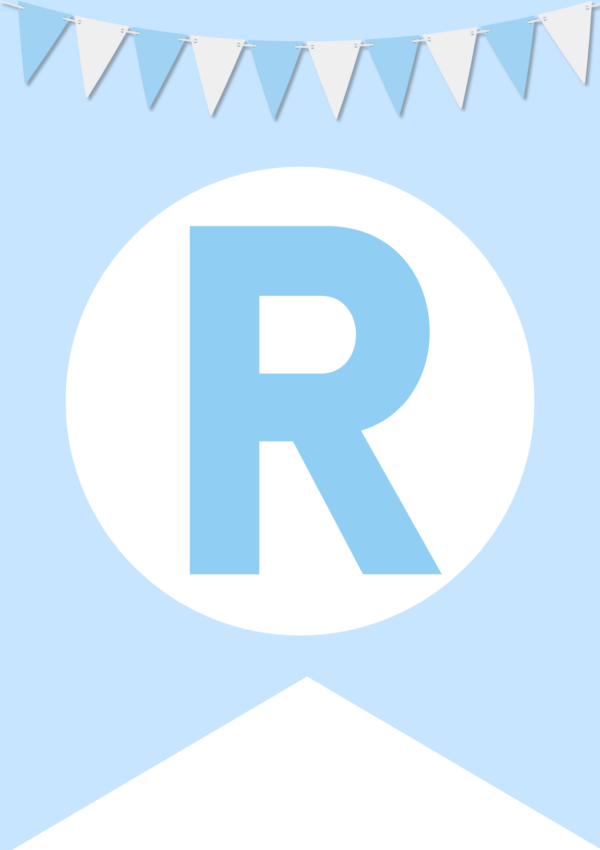A blue banner with a large blue letter "R" in a white circle