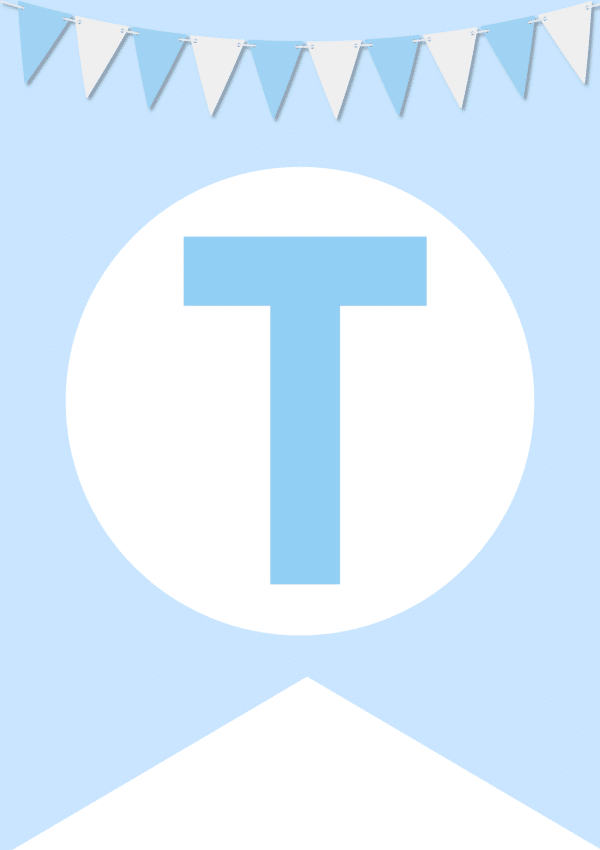 A blue banner with a large blue letter "T" in a white circle