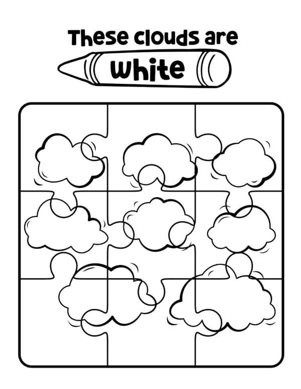 The clouds are white color puzzle worksheets for preschoolers free to print