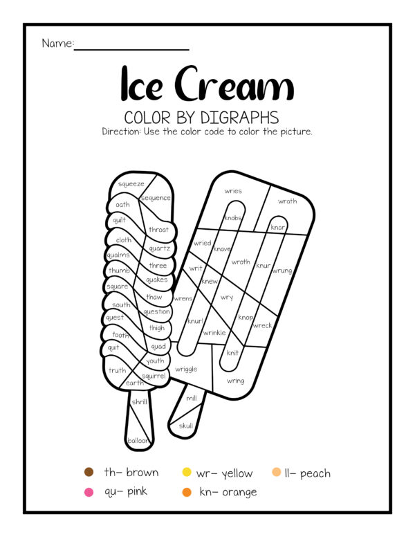 Color By Code Activity, Ice Cream by Digraphs, Color Code, Phonics Activity, Consonant Activities, Fun Ice Cream, Ice Cream Digraph Sound Match, Digraphs Activities, Fun Coloring Activity, Common Digraphs Blend