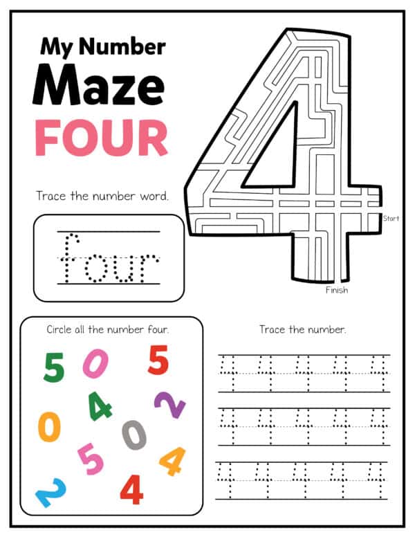 my number maze printable worksheet maze the number four printable numbers worksheets for preschool, pre-k, kindergarten