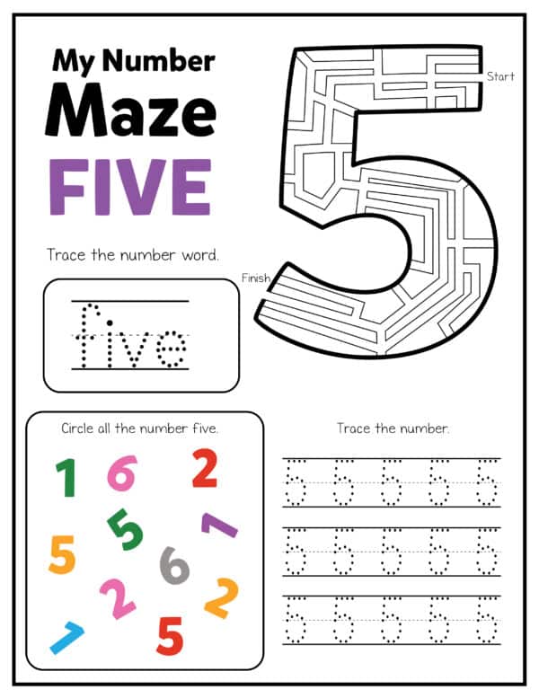 my number maze printable worksheet maze the number five printable numbers worksheets for preschool, pre-k, kindergarten