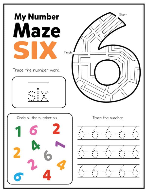 my number maze printable worksheet maze the number six printable numbers worksheets for preschool, pre-k, kindergarten