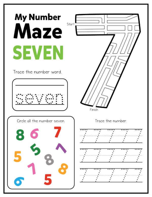 my number maze printable worksheet maze the number seven printable numbers worksheets for preschool, pre-k, kindergarten