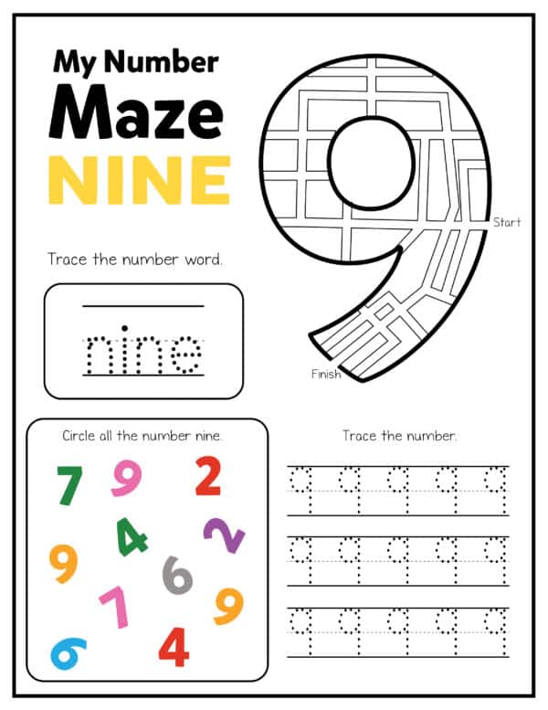 my number maze printable worksheet maze the number nine printable numbers worksheets for preschool, pre-k, kindergarten