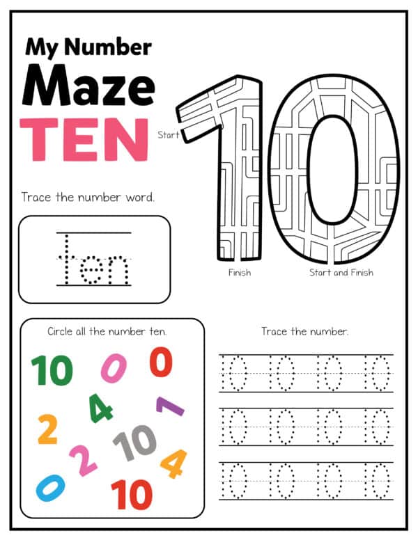 my number maze printable worksheet maze the number ten printable numbers worksheets for preschool, pre-k, kindergarten
