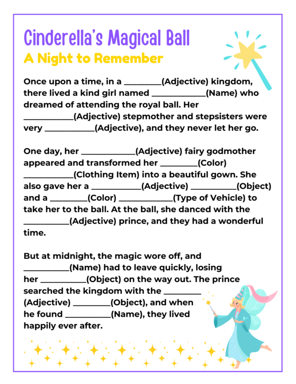 Cinderella Mad Libs, Fill in the blank adventures, Story Sheet, Game Sheet, Editable Template, Fun Learning Activity, Disney Princess Activity, Noun-Plural Activity