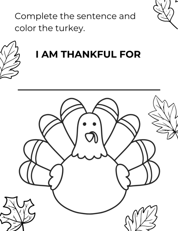 The image is a Thanksgiving-themed worksheet with the prompt "Complete the sentence and color the turkey."