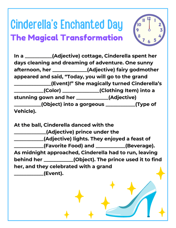 Cinderella Mad Libs, Fill in the blank adventures, Story Sheet, Game Sheet, Editable Template, Fun Learning Activity, Disney Princess Activity, Noun-Plural Activity