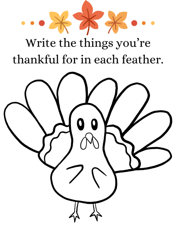 The image is a Thanksgiving-themed worksheet featuring a cartoon turkey with large feathers. The prompt at the top reads, "Write the things you're thankful for in each feather."