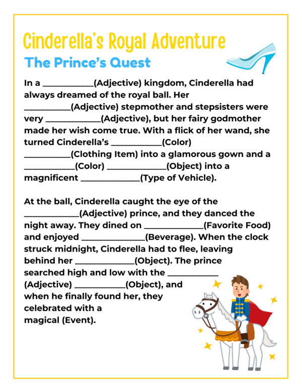 Cinderella Madlibs, Cinderella's Royal Adventure, The Prince's Quest, Story, free printables