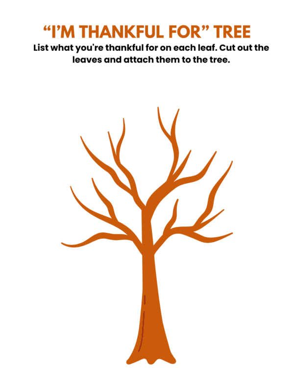 The image is a Thanksgiving-themed craft worksheet titled "I'M THANKFUL FOR" TREE.
