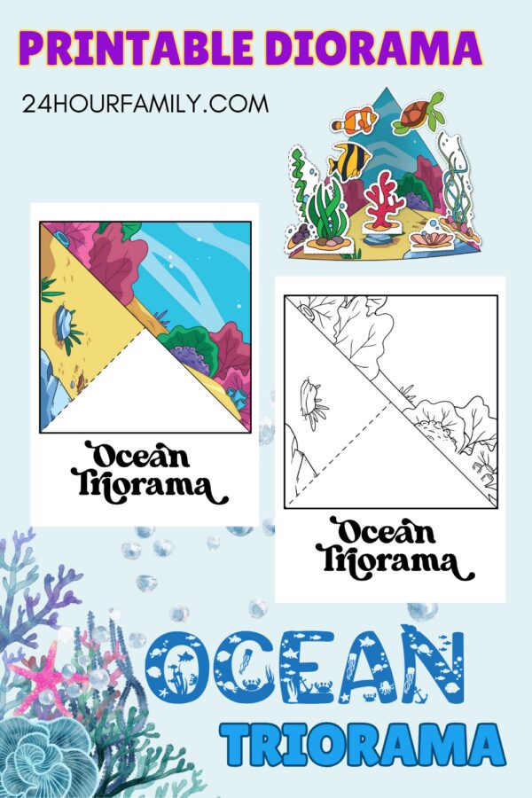 Printable ocean scene triorama with vibrant marine life illustrations
