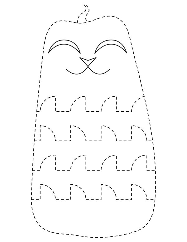 Pumpkin-shaped scissor skills worksheet with a cute, smiling cat face at the top and dashed lines forming a wavy cutting pattern, designed for kids to practice scissor skills.