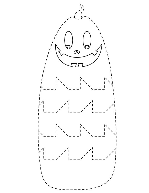 Pumpkin-shaped scissor skills worksheet with a quirky jack-o'-lantern face at the top and dashed zigzag lines forming a cutting pattern, designed for kids to practice scissor cutting techniques.