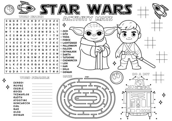 free printable star wars activity mats featuring star wars word search, star wars coloring characters and puzzles