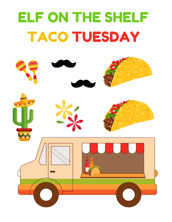 A festive and colorful graphic titled "Elf on the Shelf Taco Tuesday Printable."