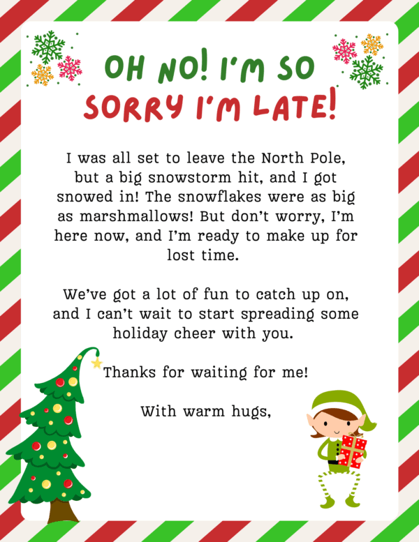 free printable elf on the shelf late arrival letters