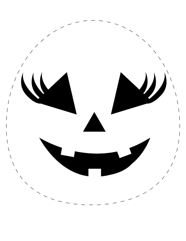 A black and white smiling face with eyelashes pumpkin stencil