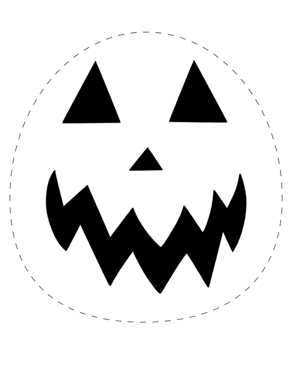 A black and white classic jack-o'-lantern face with two triangular eyes and pointed teeth pumpkin stencil