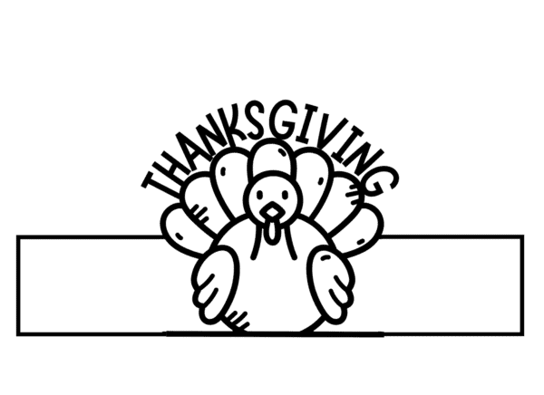 Black and white outline of a turkey with the word 'Thanksgiving' arched above it
