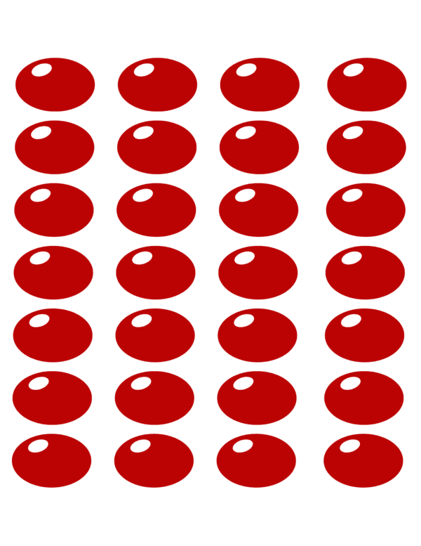 Rows of red cartoon noses designed for a 'Pin the Nose on Rudolph' game, with 24 individual noses arranged in a grid.