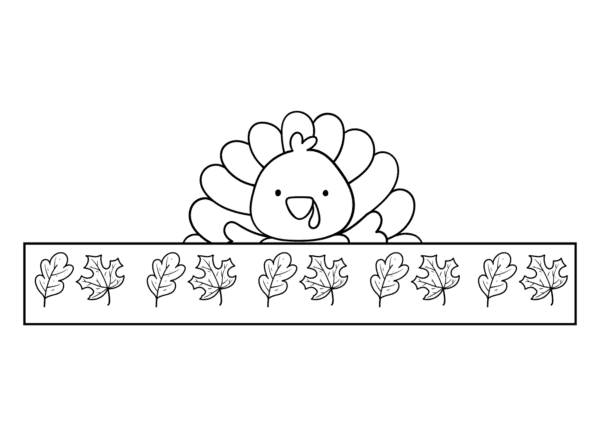 Black and white outline of a smiling turkey above a banner decorated with oak leaves.