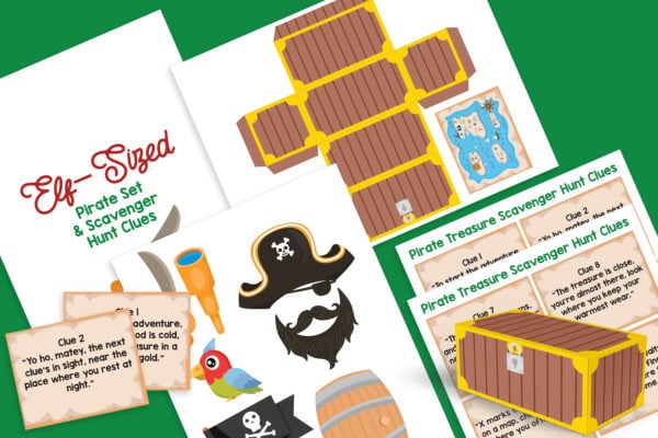 Elf on the Shelf Printable Pirate Set with themed accessories and scavenger hunt clues, perfect for a fun, interactive holiday adventure
