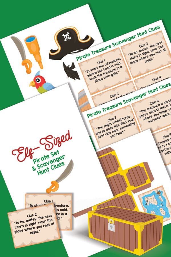 Elf on the Shelf Printable Pirate Set with creative accessories and scavenger hunt clues, adding a playful twist to holiday traditions