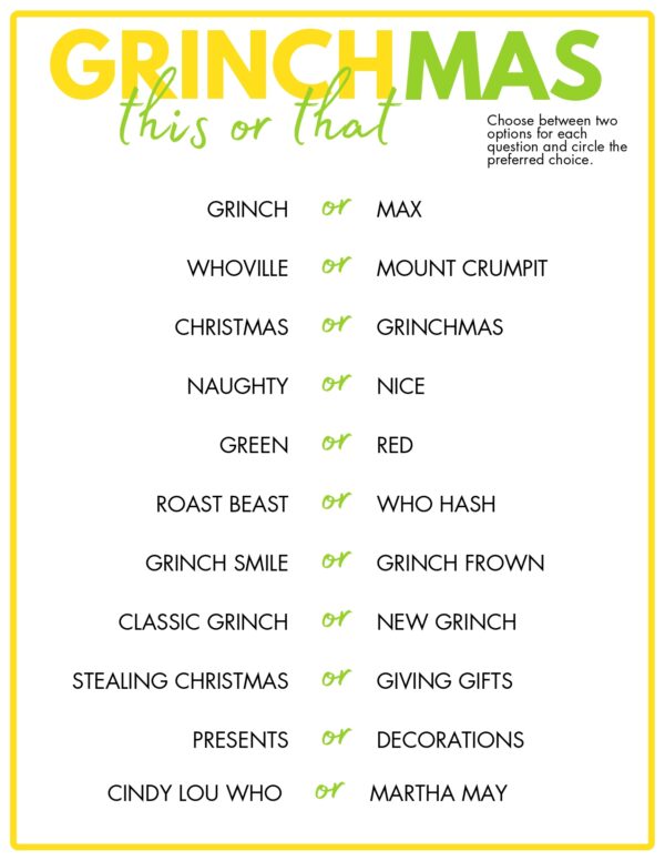 Grinchmas-themed 'This or That' party game where players choose between two options, such as Grinch or Max, Whoville or Mount Crumpit, Christmas or Grinchmas, and Naughty or Nice.
