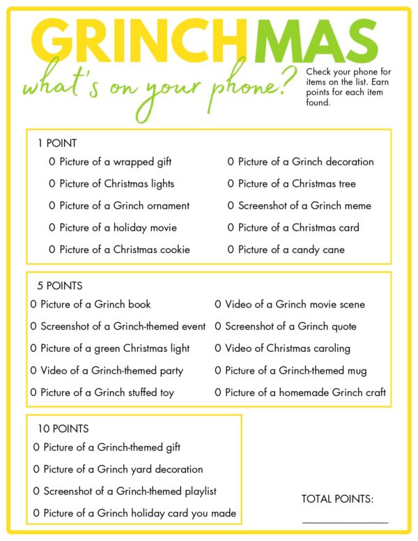Grinchmas-themed game titled 'What's on Your Phone?' where players check their phones for listed items, such as pictures of a wrapped gift, Grinch ornament, or Grinch-themed event, and earn points based on the items they find.