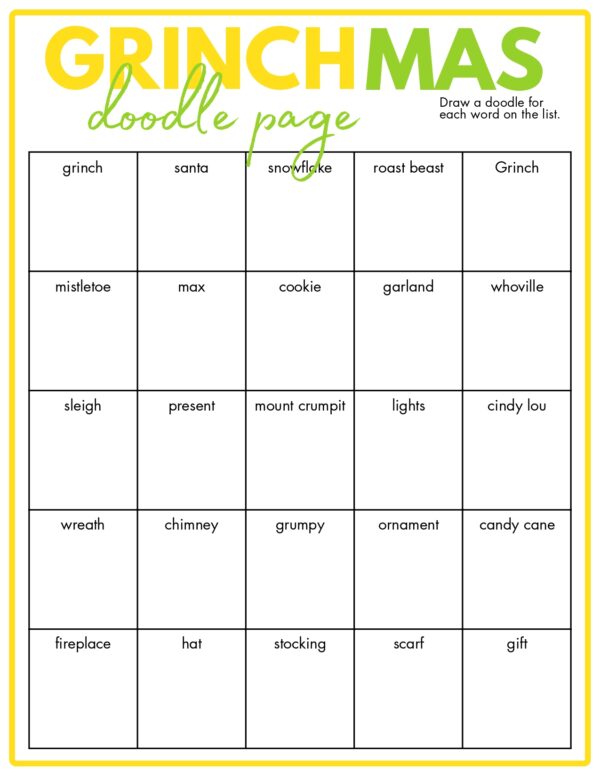 Grinchmas-themed 'Doodle Page' where players draw a doodle for each word on the list, which includes Grinch, Santa, mistletoe, Max, sleigh, fireplace, and more holiday-related terms.
