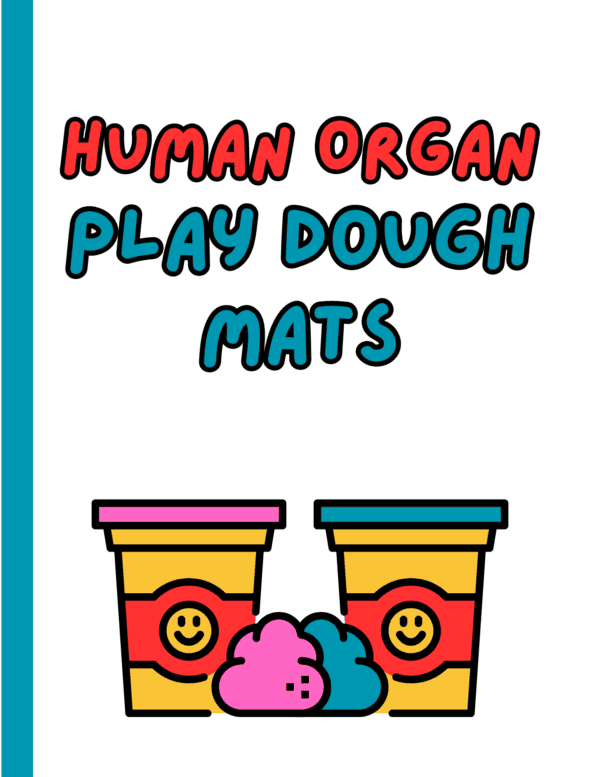 Colorful graphic of two playdough containers promoting free printable human organ playdough mats.