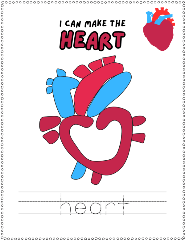 Printable playdough mat of a heart with tracing lines for kids to practice forming the word 'heart.'