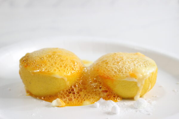 volcano lemon stem science project for kids - add baking soda to a lemon to make a fizzy reaction