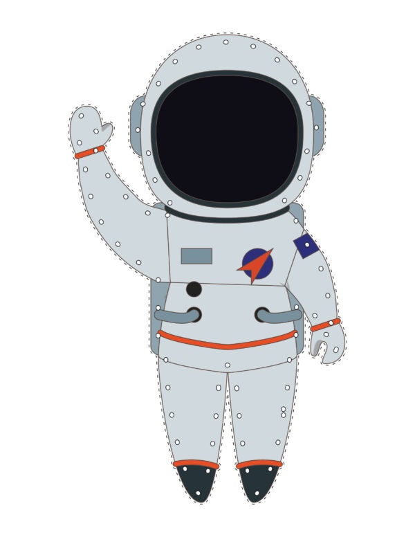 Outer space lacing card featuring an astronaut in a space suit with a helmet, waving, with dotted edges for lacing.